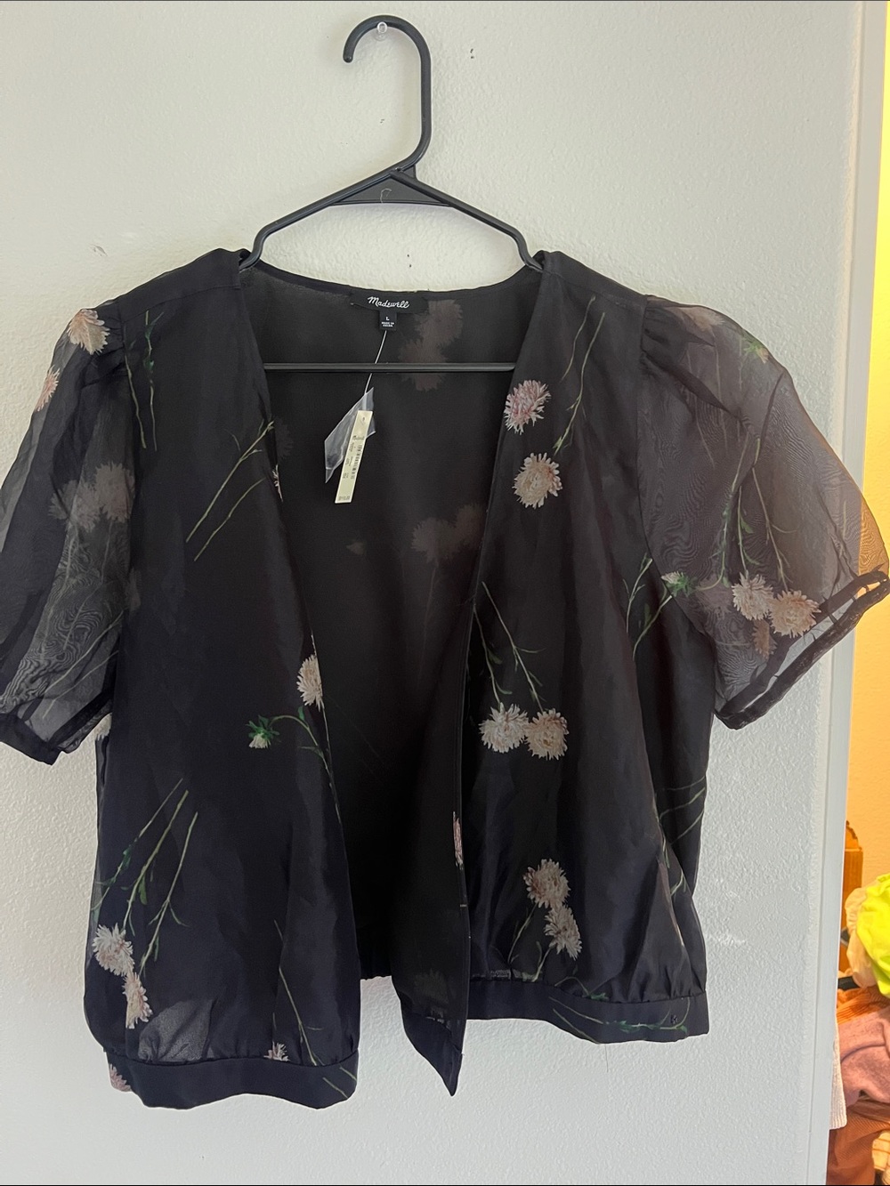 Madewell Black Sheer Floral Open Cardigan Blouse